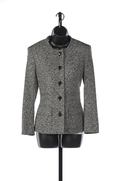 Escada Black, White, and Grey Pebble Tweed Button Up Jacket