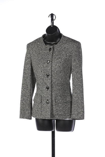 Escada Black, White, and Grey Pebble Tweed Button Up Jacket