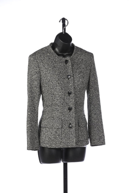 Escada Black, White, and Grey Pebble Tweed Button Up Jacket