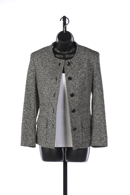 Escada Black, White, and Grey Pebble Tweed Button Up Jacket