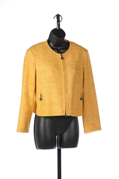 Akris Punto Yellow Tweed & Silk Zip Up Cropped Jacket with Brass Hardware