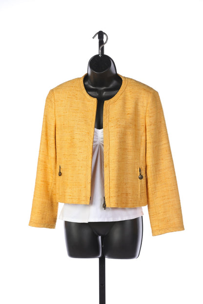 Akris Punto Yellow Tweed & Silk Zip Up Cropped Jacket with Brass Hardware