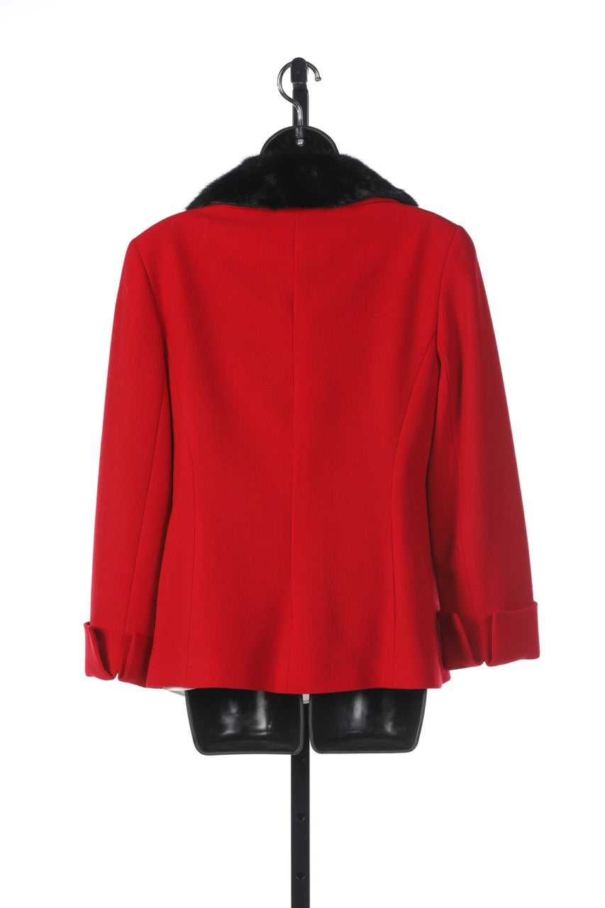 Lafayette 148 Red Wool Button Up Jacket - Detachable Black Fur Collar