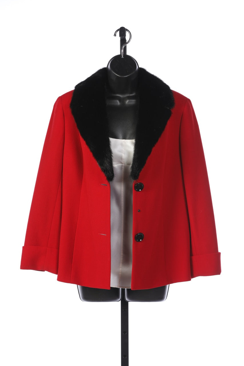 Lafayette 148 Red Wool Button Up Jacket - Detachable Black Fur Collar