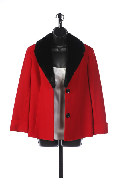 Lafayette 148 Red Wool Button Up Jacket - Detachable Black Fur Collar