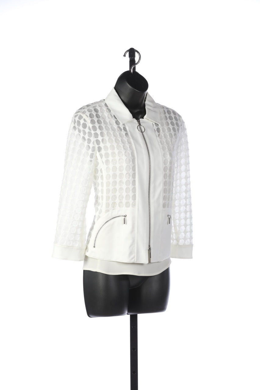 Akris Punto White Mesh Polka Dot Zip Up Collared Jacket