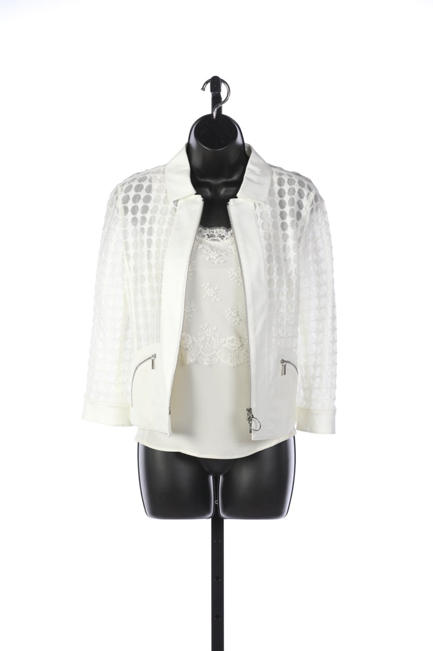 Akris Punto White Mesh Polka Dot Zip Up Collared Jacket