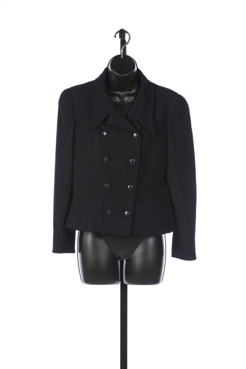 Chanel Navy Wool Cropped Jacket w Gold Chain