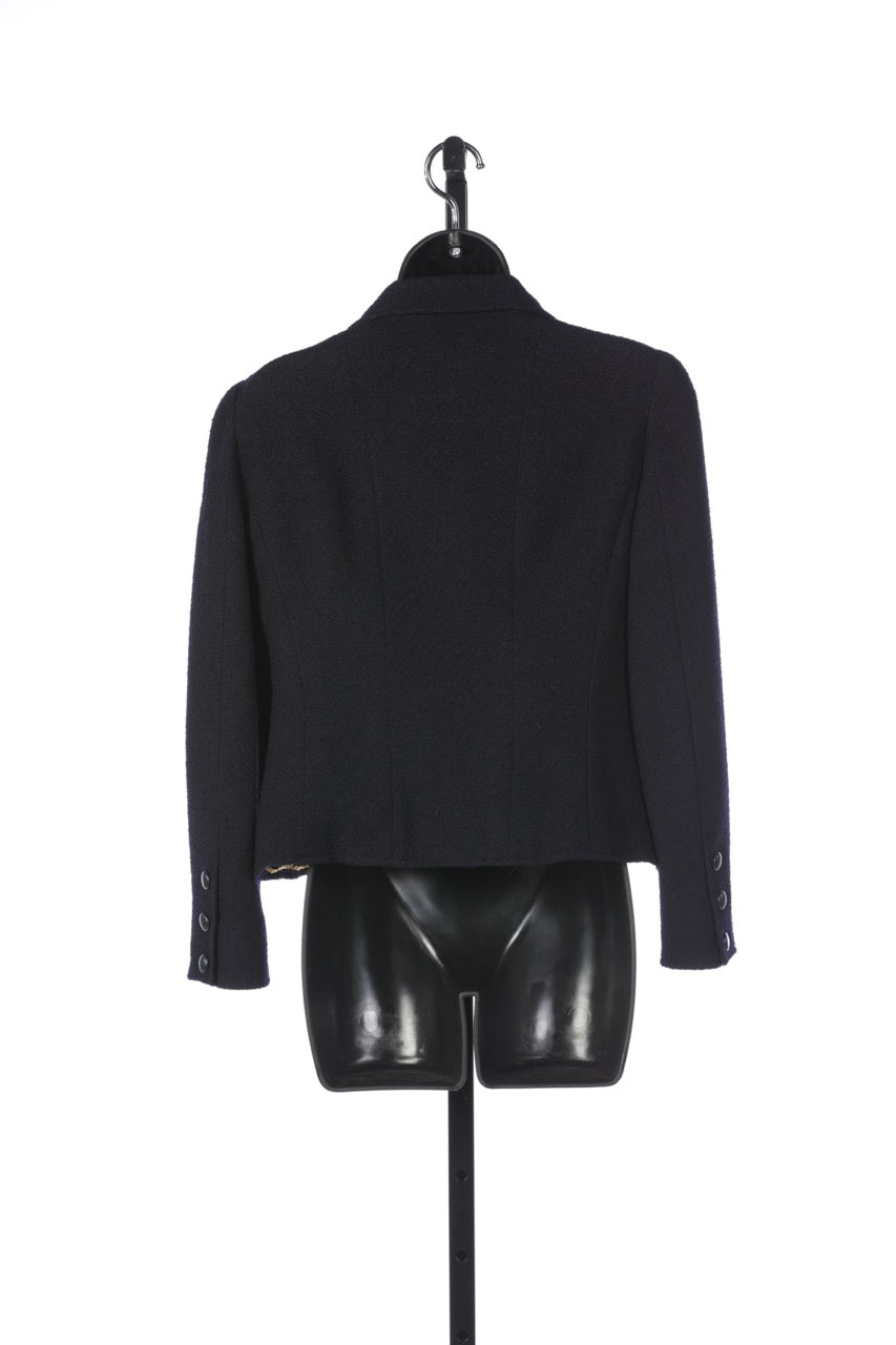 Chanel Navy Wool Cropped Jacket w Gold Chain