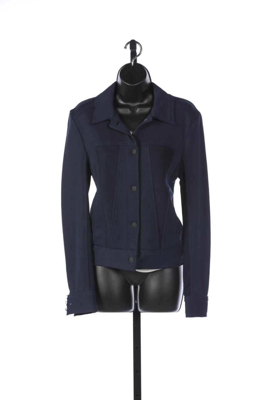 Alaia Navy Collared Button-Up Jacket with Raw Trim