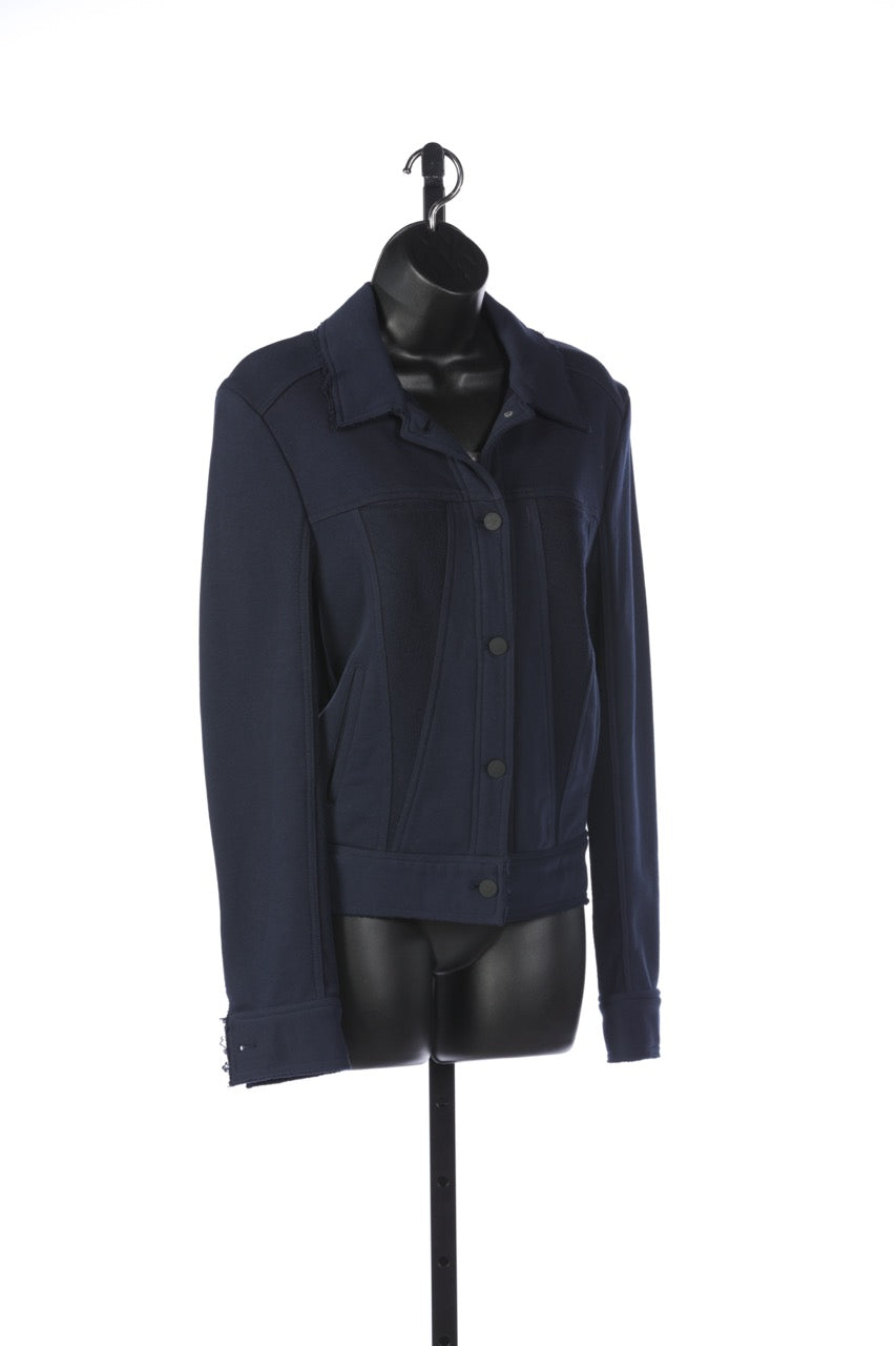 Alaia Navy Collared Button-Up Jacket with Raw Trim