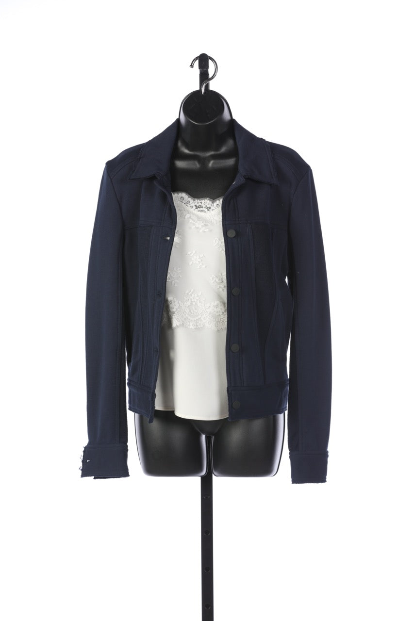 Alaia Navy Collared Button-Up Jacket with Raw Trim