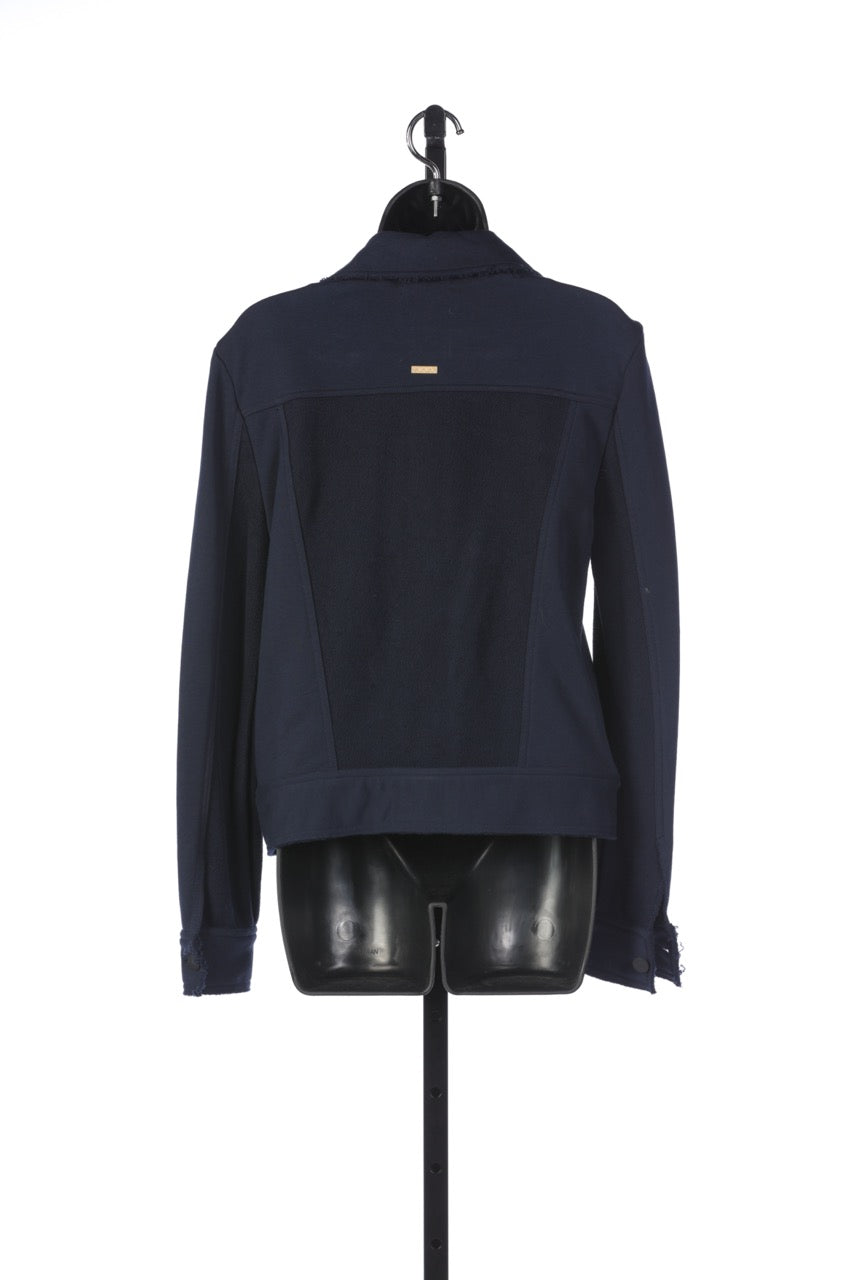 Alaia Navy Collared Button-Up Jacket with Raw Trim