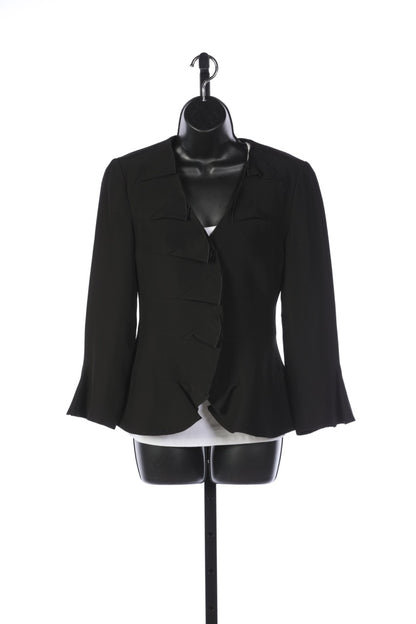 Armani Collezioni Black Pleated Ruffle Neck Button Up Jacket