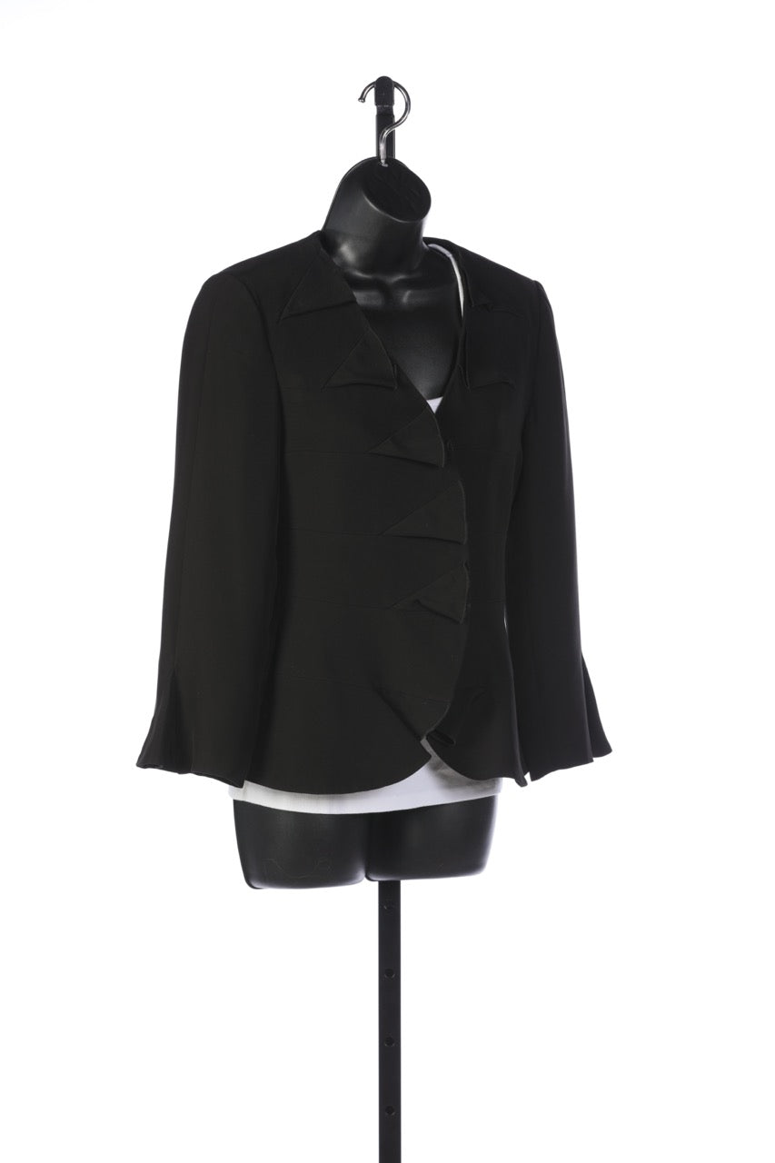 Armani Collezioni Black Pleated Ruffle Neck Button Up Jacket