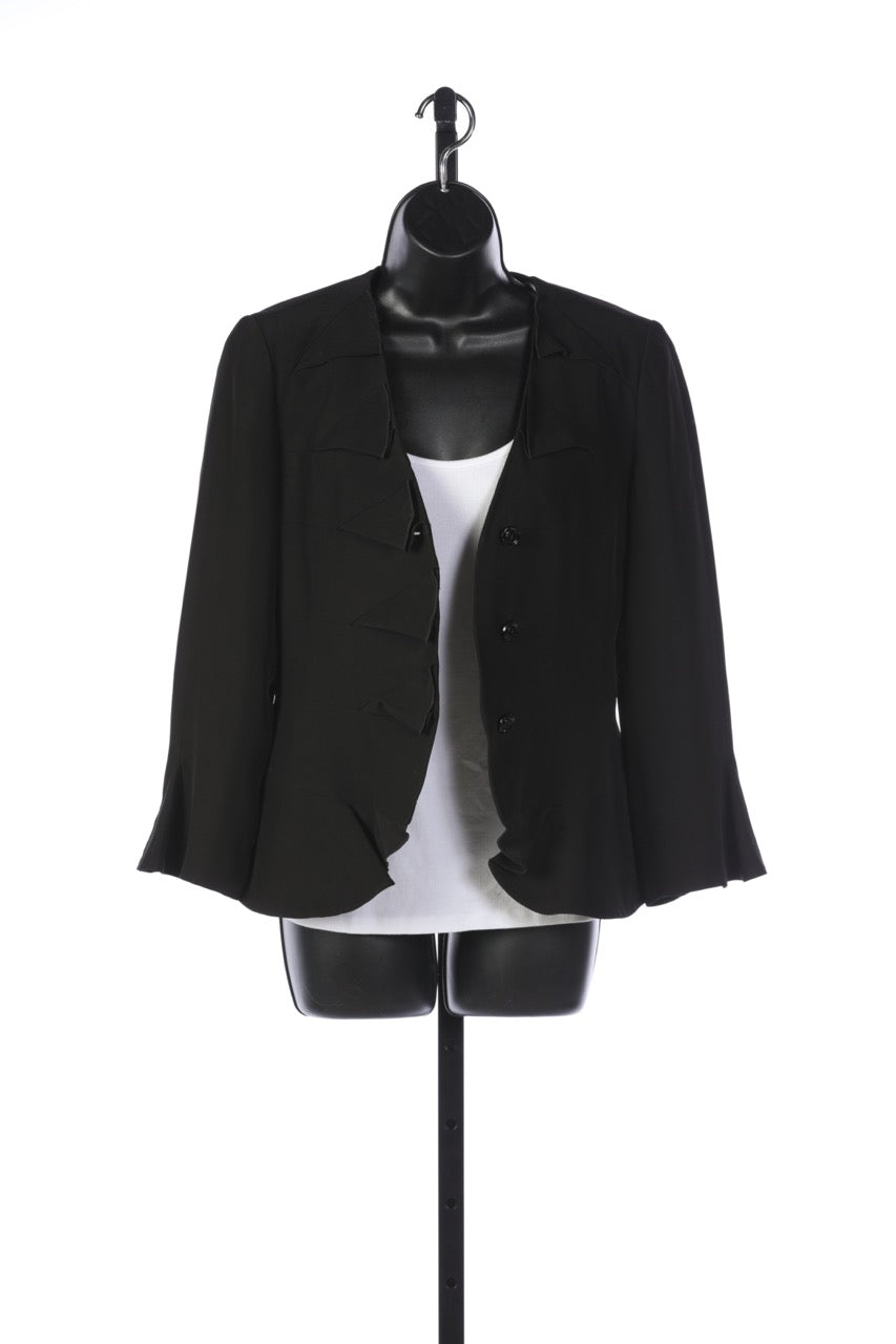 Armani Collezioni Black Pleated Ruffle Neck Button Up Jacket