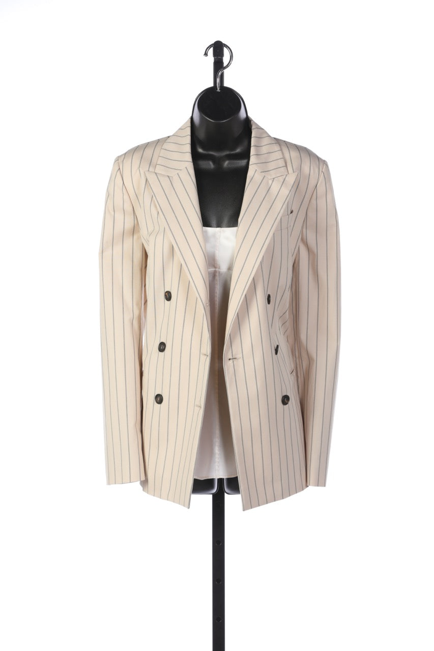 Brunello Cucinelli Sand w/ Navy Pinstripes Double Breasted Cotton Blazer