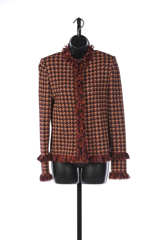 St. John Orange & Purple Houndstooth Tweed Clasp Closure Jacket w Fringe