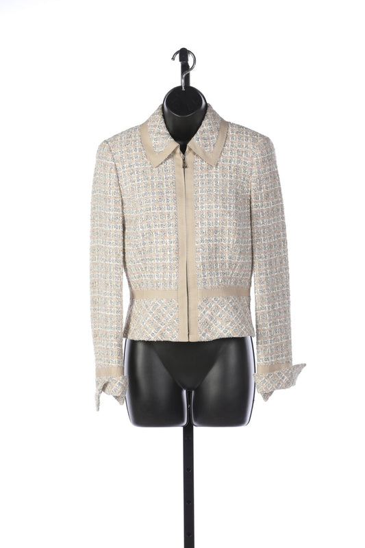 Escada Beige, Light Blue, Pale Pink Tweed Zip Up Blazer with Beige Panel Lining Detail