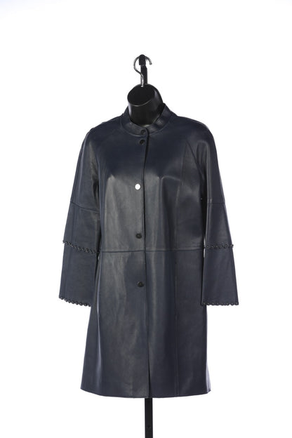 Elie Tahari  'Dark Ocean' Blue Leather Button Up Studded & Scalloped Sleeve Coat NWT