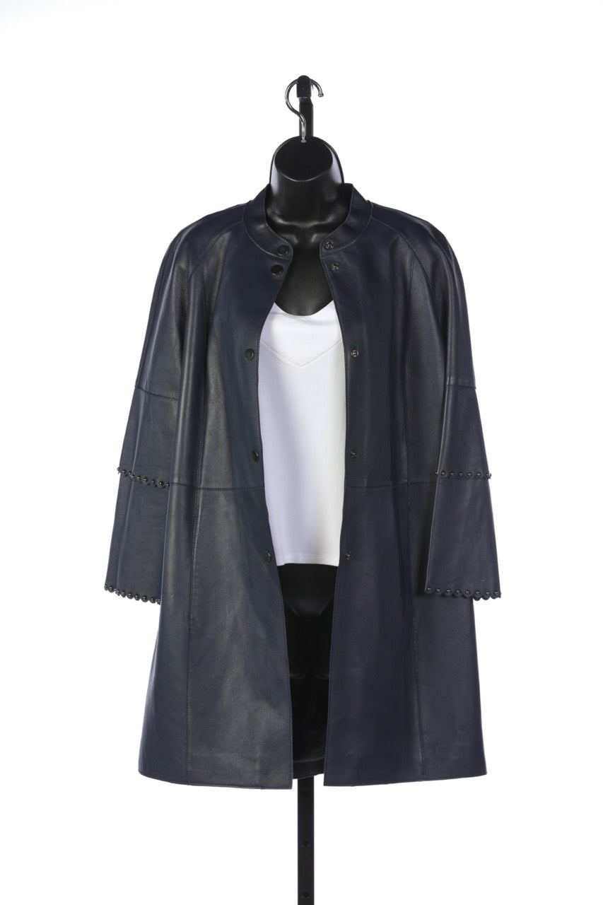 Elie Tahari  'Dark Ocean' Blue Leather Button Up Studded & Scalloped Sleeve Coat NWT