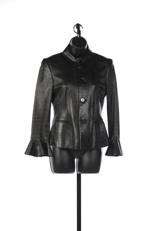 Ralph Lauren Black Leather Button Up Jacket w/ Bell Sleeves