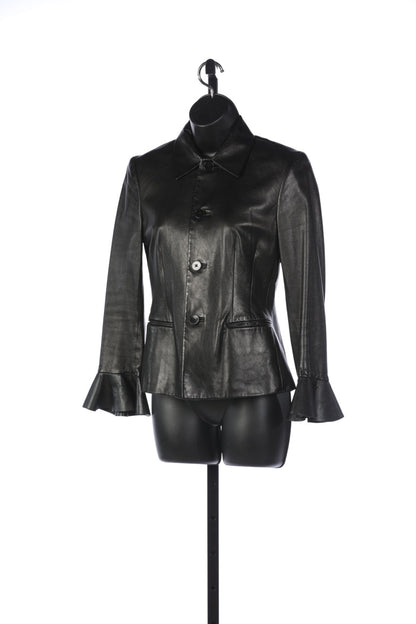 Ralph Lauren Black Leather Button Up Jacket w/ Bell Sleeves