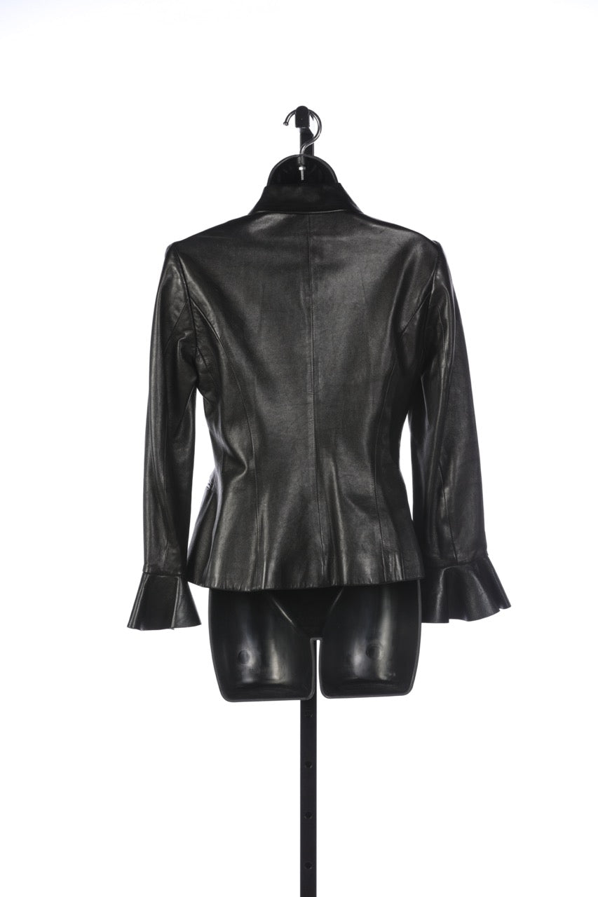 Ralph Lauren Black Leather Button Up Jacket w/ Bell Sleeves