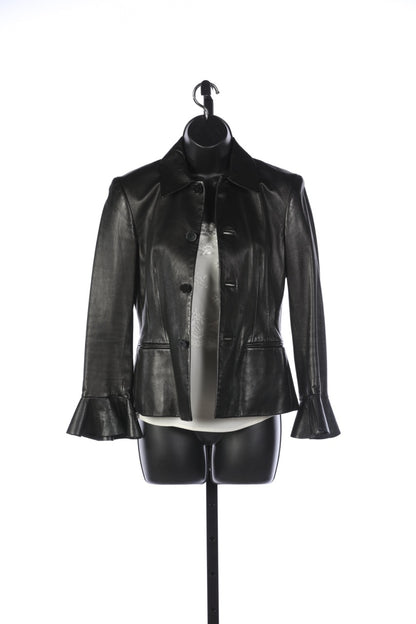 Ralph Lauren Black Leather Button Up Jacket w/ Bell Sleeves