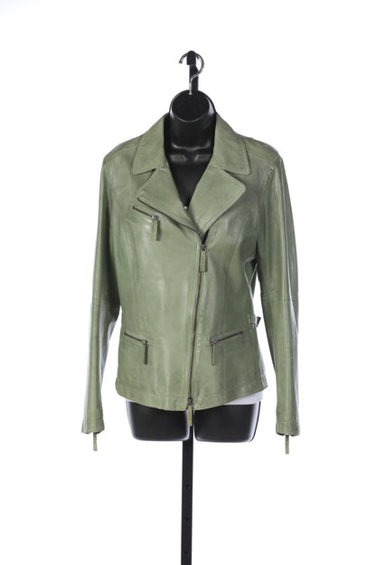 GMS-75 for Axel's Leather Light Olive Green Multi Zip Jacket w Floral Embroidered Patch Interior