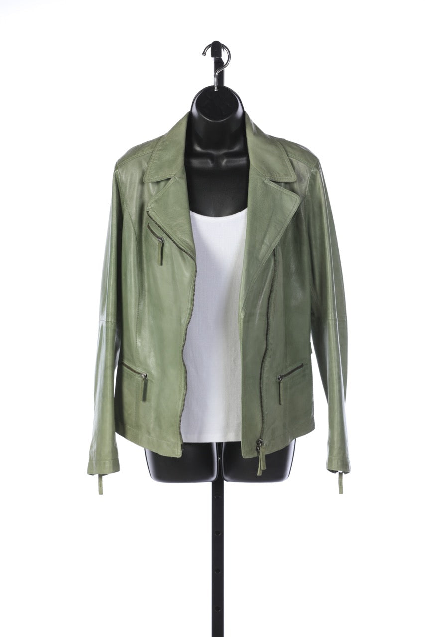 GMS-75 for Axel's Leather Light Olive Green Multi Zip Jacket w Floral Embroidered Patch Interior