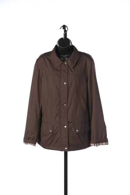 Burberry Chocolate Brown Button & Zip Up Jacket with Tan Check Lining