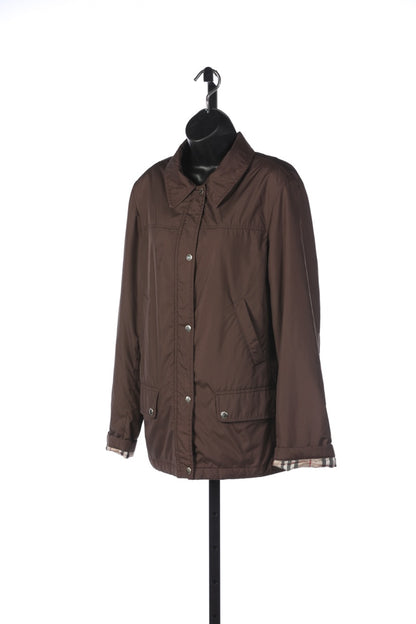 Burberry Chocolate Brown Button & Zip Up Jacket with Tan Check Lining