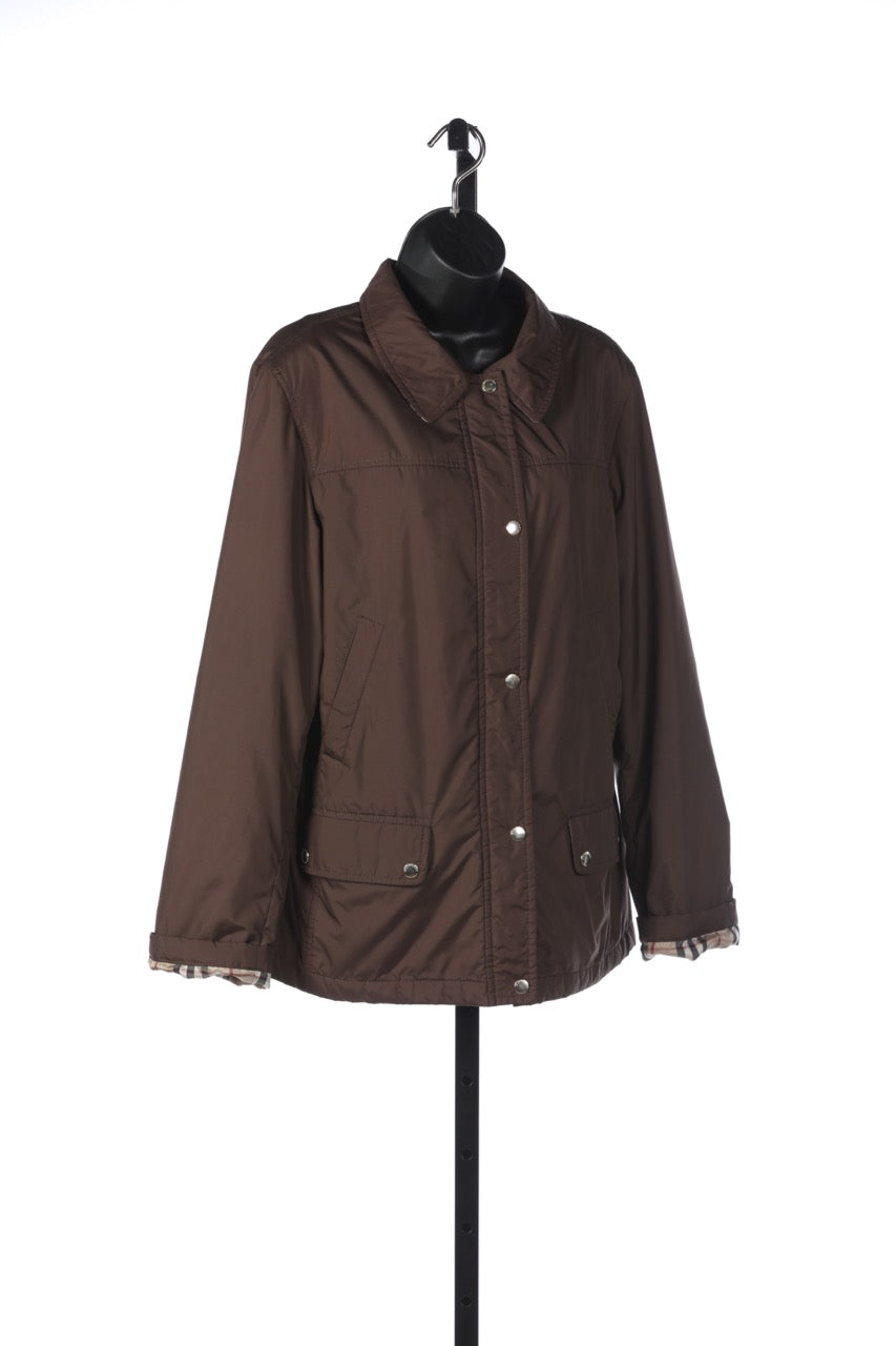 Burberry Chocolate Brown Button & Zip Up Jacket with Tan Check Lining