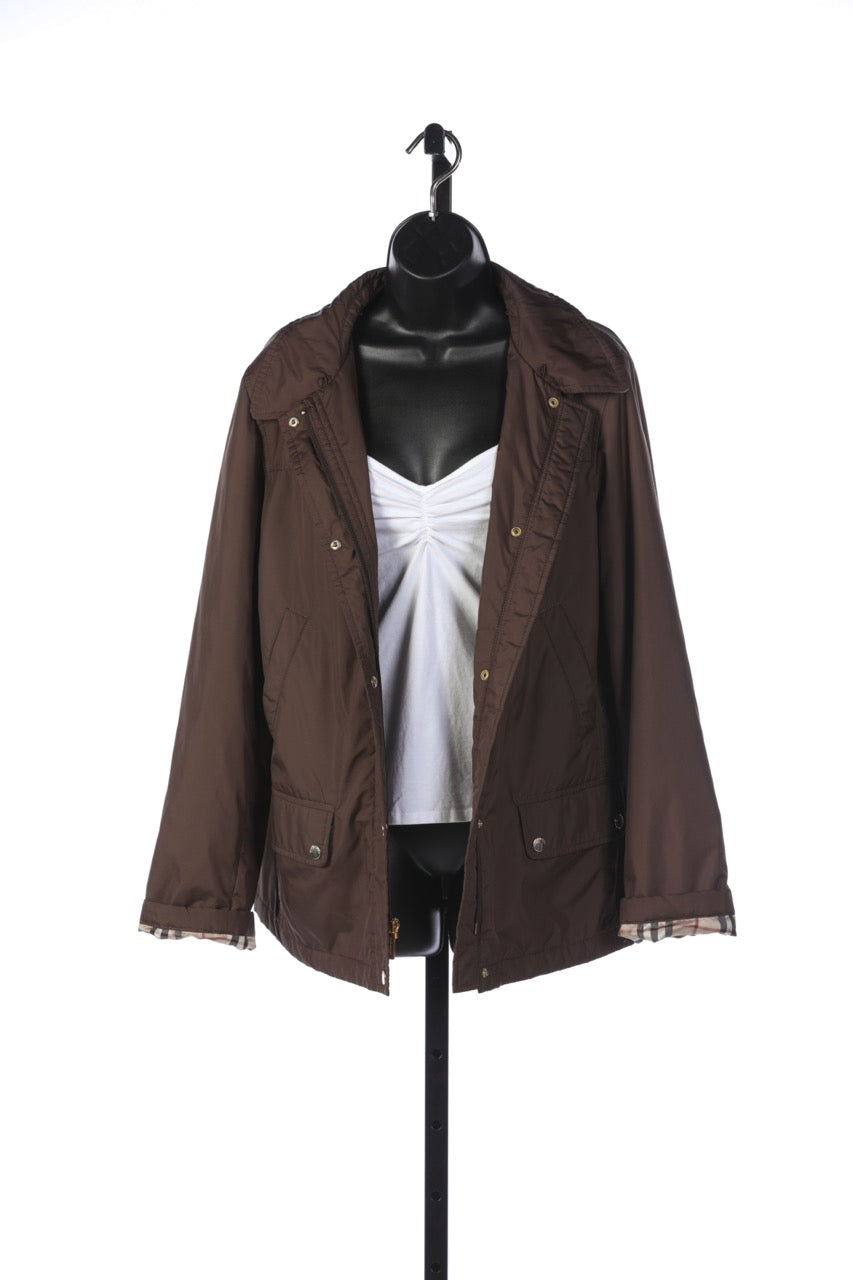 Burberry Chocolate Brown Button & Zip Up Jacket with Tan Check Lining