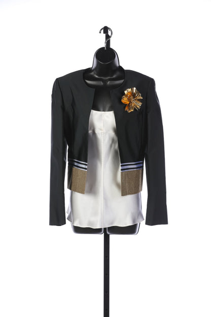 Gucci Black w/ Gold Cropped Collarless Jacket with Gold Metal Brooch