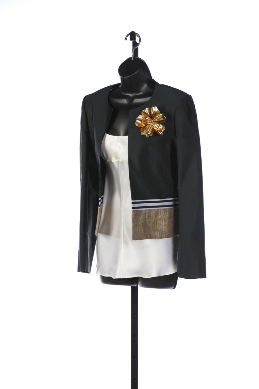 Gucci Black w/ Gold Cropped Collarless Jacket with Gold Metal Brooch