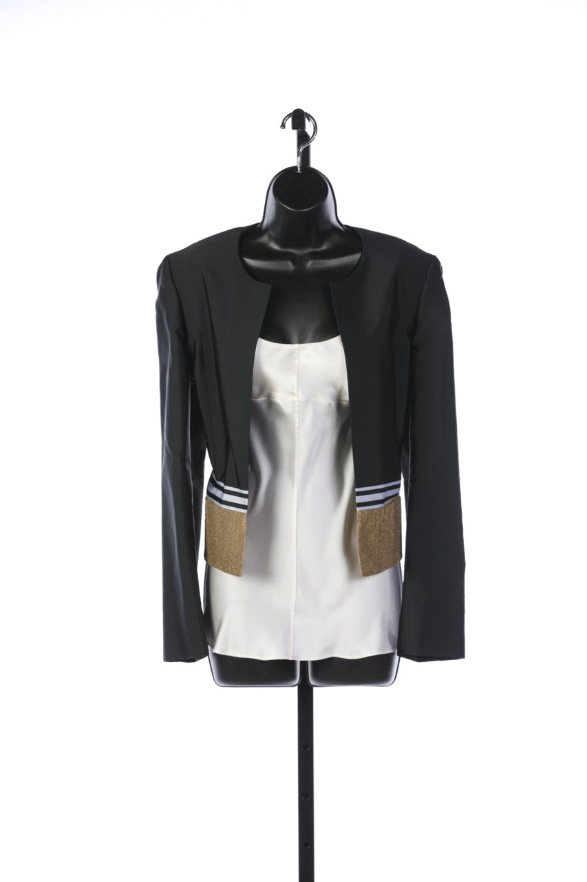 Gucci Black w/ Gold Cropped Collarless Jacket with Gold Metal Brooch