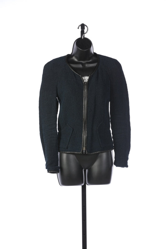 Isabel Marant Dark Blue Boucle Zip Up Jacket w Black Leather Trim