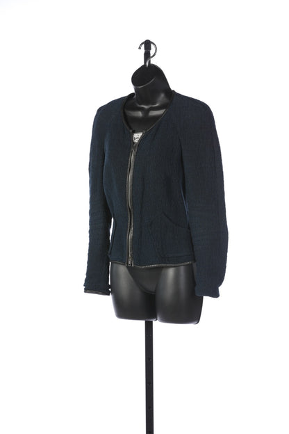 Isabel Marant Dark Blue Boucle Zip Up Jacket w Black Leather Trim