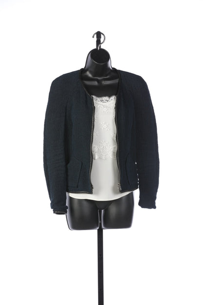 Isabel Marant Dark Blue Boucle Zip Up Jacket w Black Leather Trim