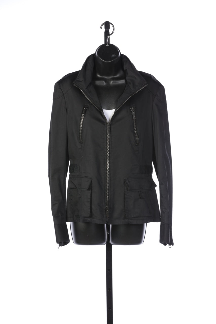 Burberry Black Multi Zipper Hooded Moto Jacket with Front Cargo Style Pockets