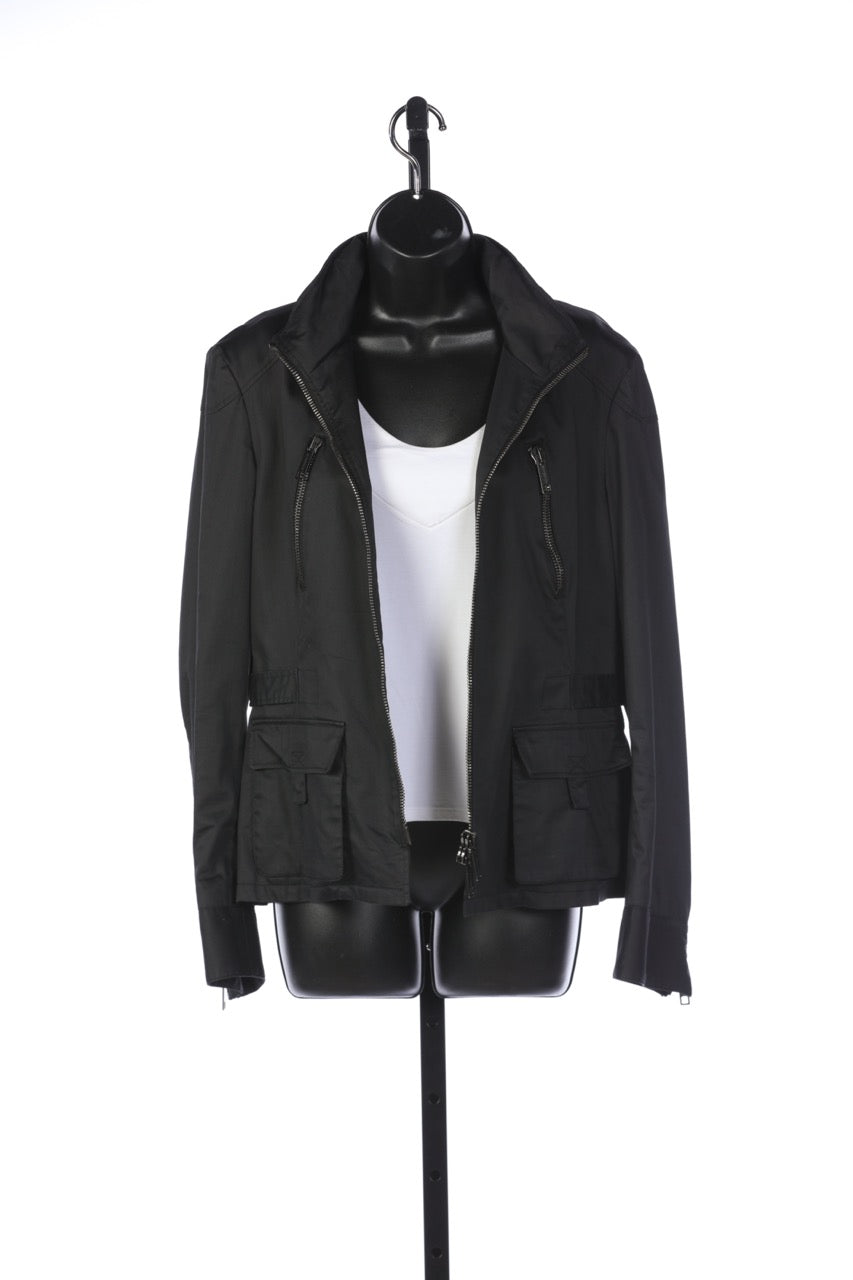 Burberry Black Multi Zipper Hooded Moto Jacket with Front Cargo Style Pockets