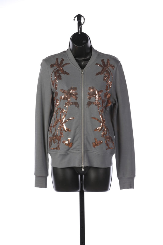 Dries Van Noten Grey with Copper Sequin Embellishments Crew Neck Zip Up Sweatshirt