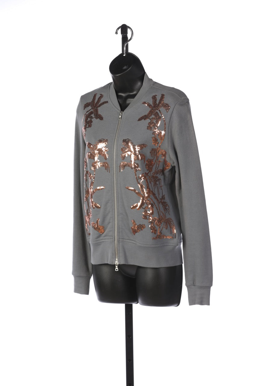 Dries Van Noten Grey with Copper Sequin Embellishments Crew Neck Zip Up Sweatshirt