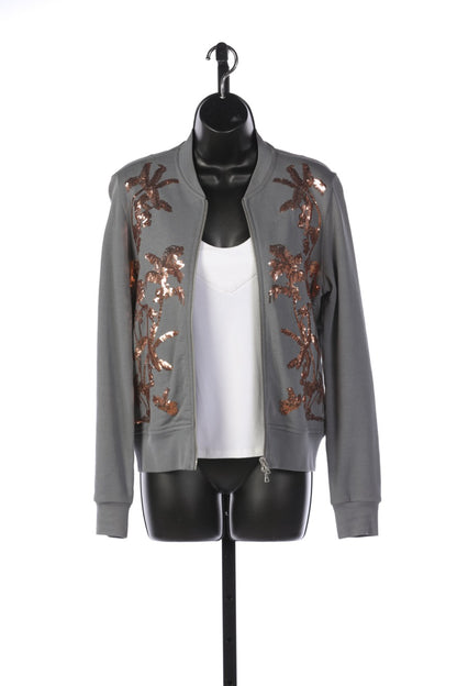 Dries Van Noten Grey with Copper Sequin Embellishments Crew Neck Zip Up Sweatshirt