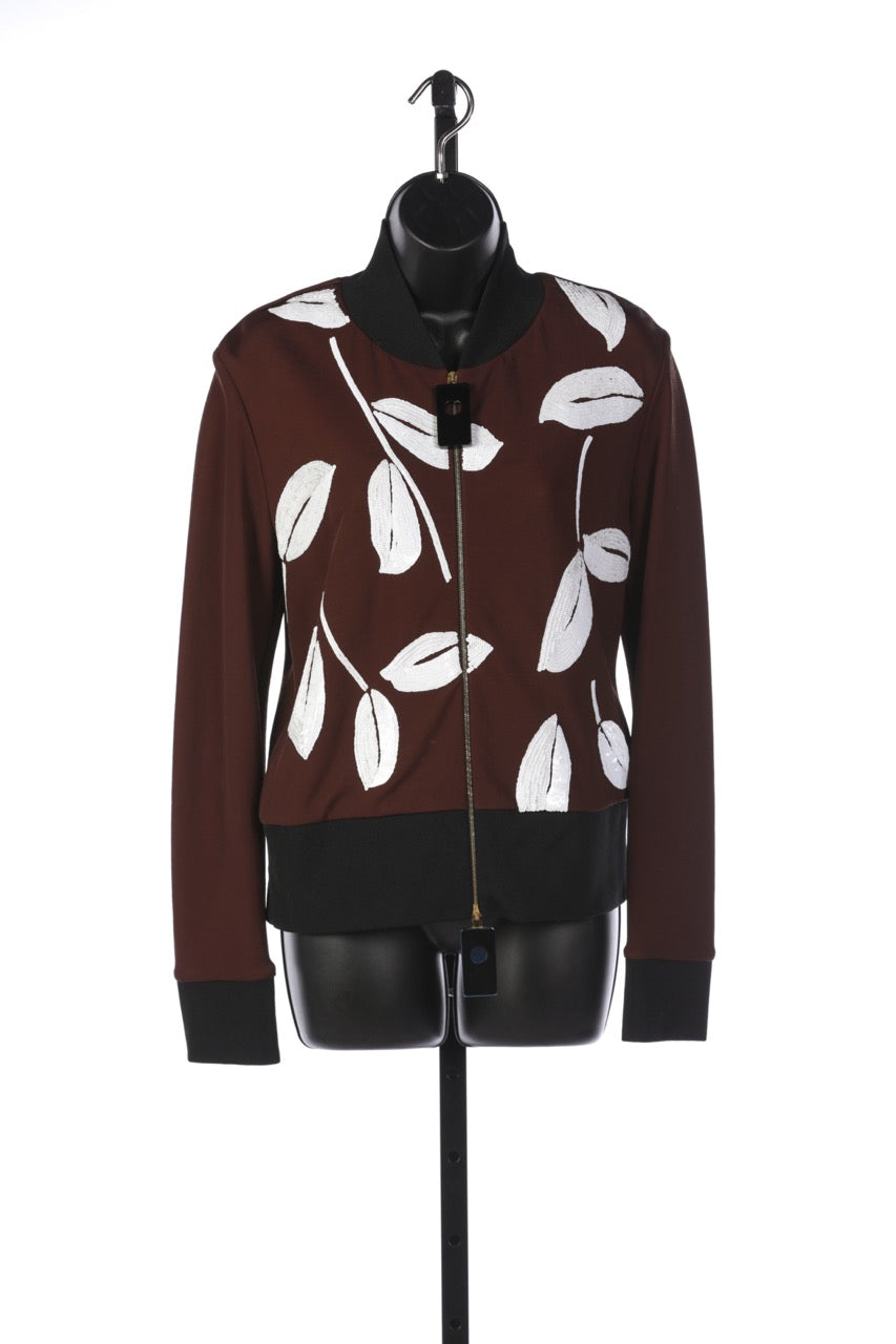 Marni Brown with White Sequin Leaves Zip Up Bomber Jacket