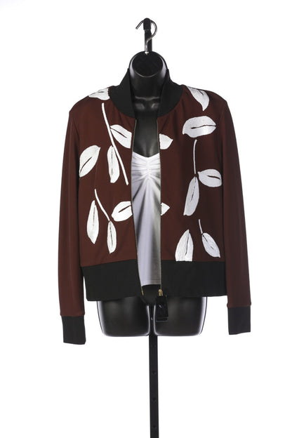 Marni Brown with White Sequin Leaves Zip Up Bomber Jacket