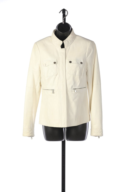 Worth White Cream Leather Zip-Up Double Breasted Jacket