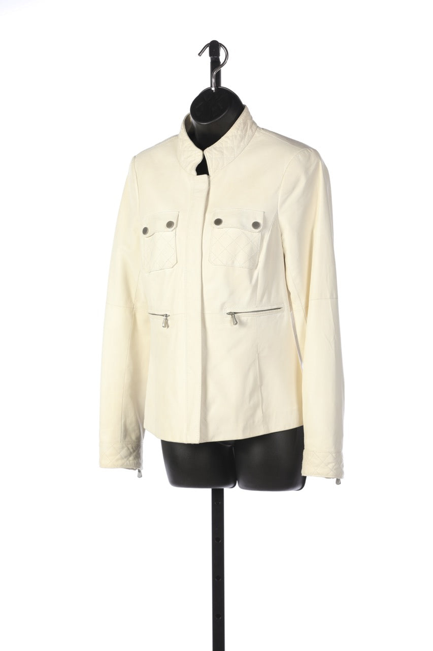 Worth White Cream Leather Zip-Up Double Breasted Jacket